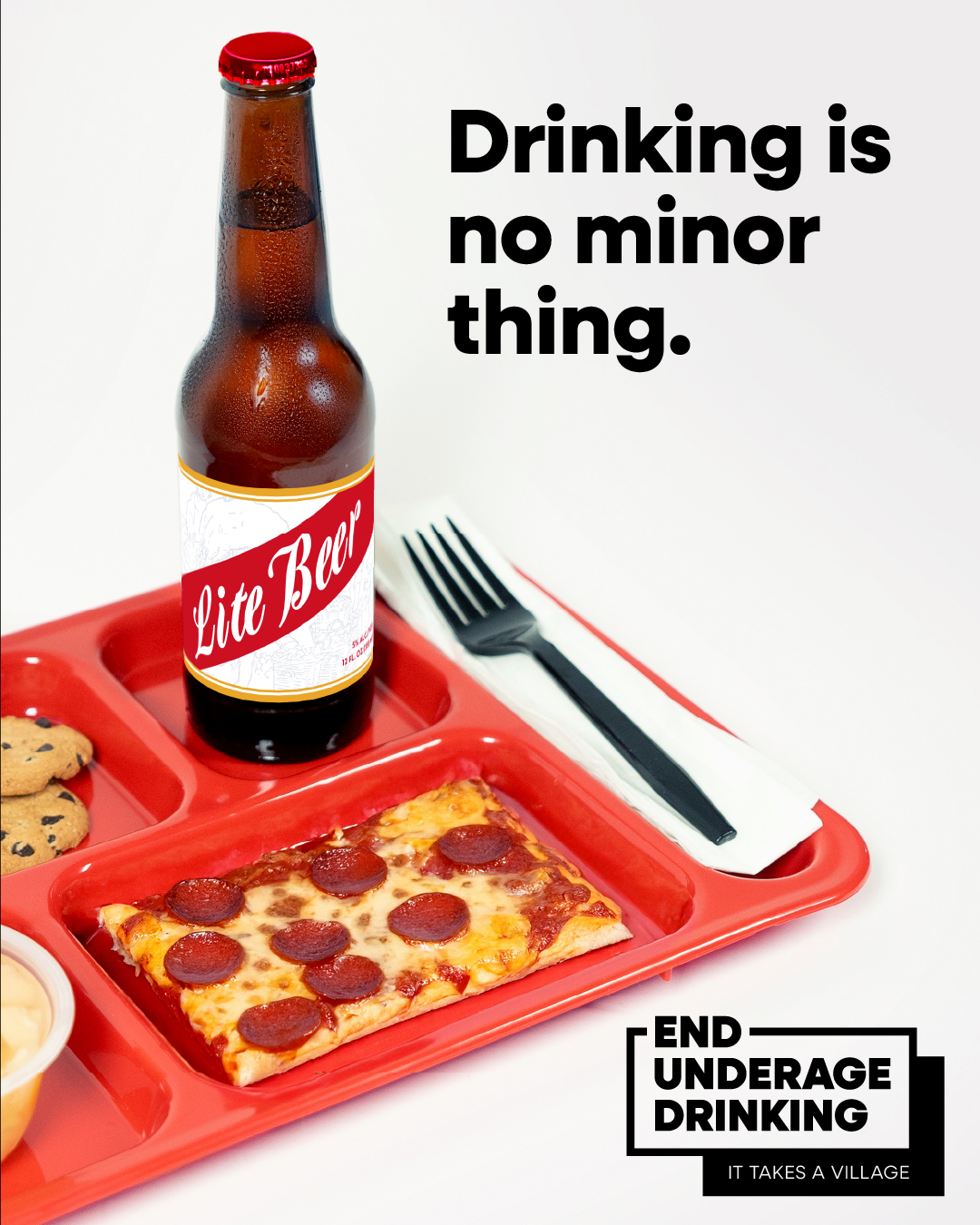 School lunch tray with headline 'drinking is no minor thing'